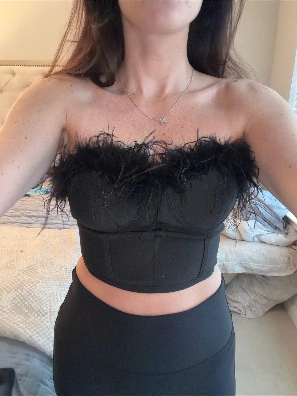 superdown Black Strapless Feather-Trim Bustier Crop Top